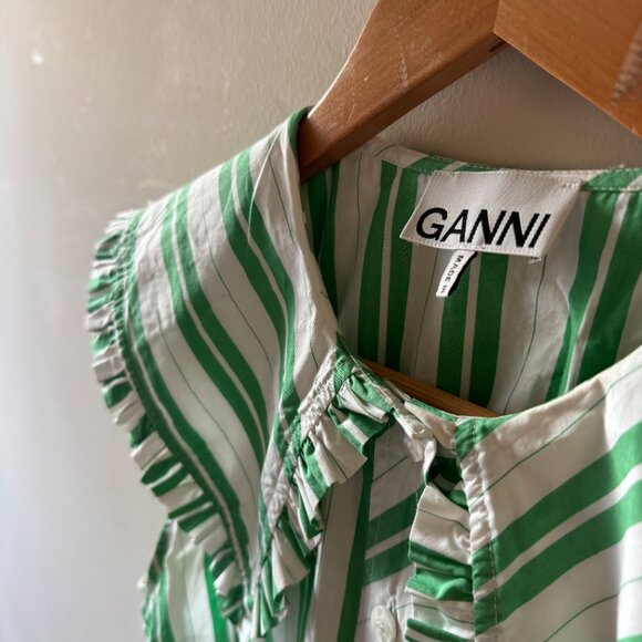 GANNI Green & White Striped Sleeveless Poplin Shirt – Ruffle Collar – Size 36 - Picture 2 of 4